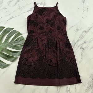 XOXO Womens Vintage Y2k Mini Dress Size 11 Burgundy Black Flocked Lace Print